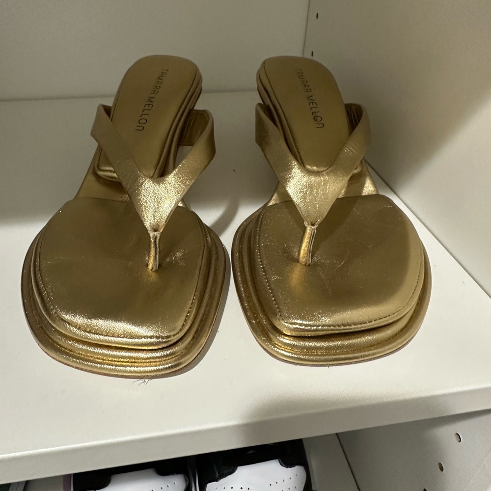 Tamara Mellon Metallic Gold Square-Toe Thong Sandals